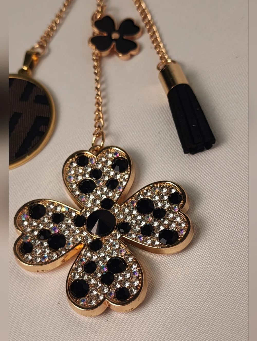 Fendi Brown Monogram Cloth Canvas Gold- Black Flower Crystal Bag Charm Keychain